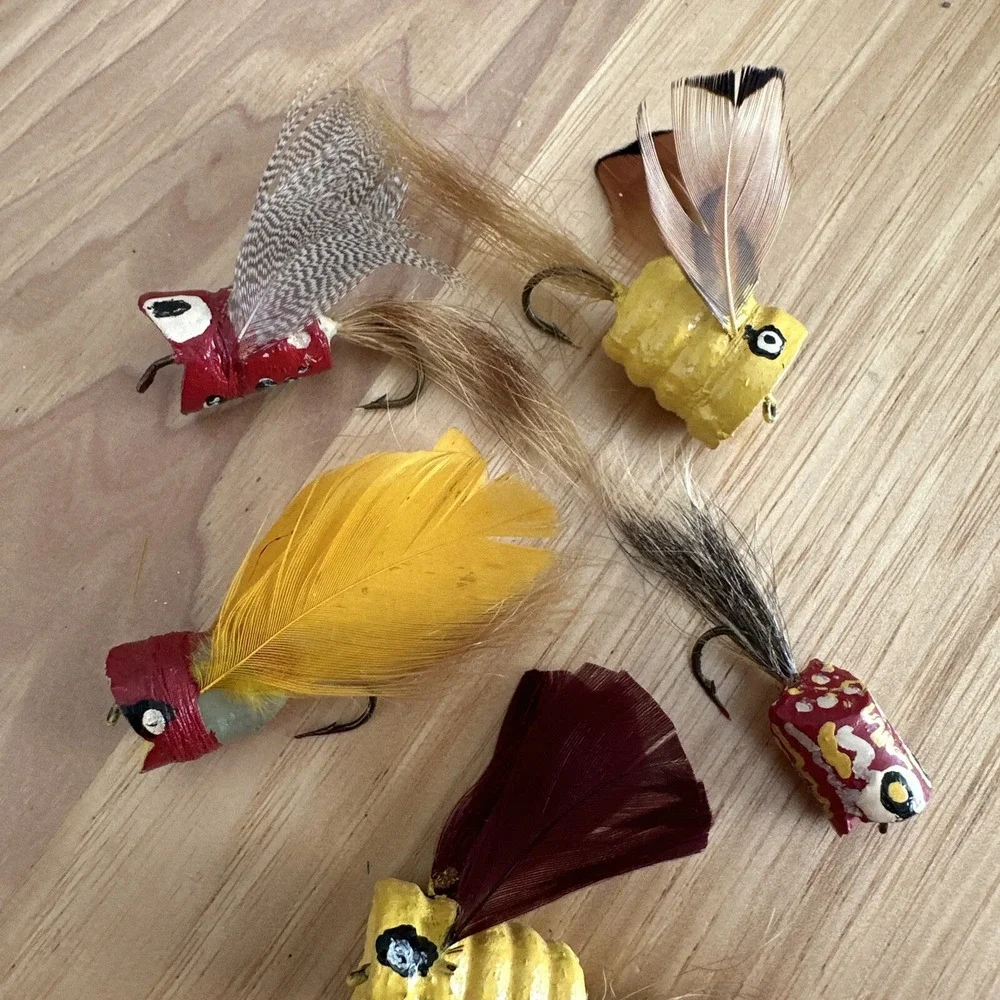 Vtg Handmade Fly Fishing Cork Popper Lures Lot of 5 Feathers Horsehair (1)